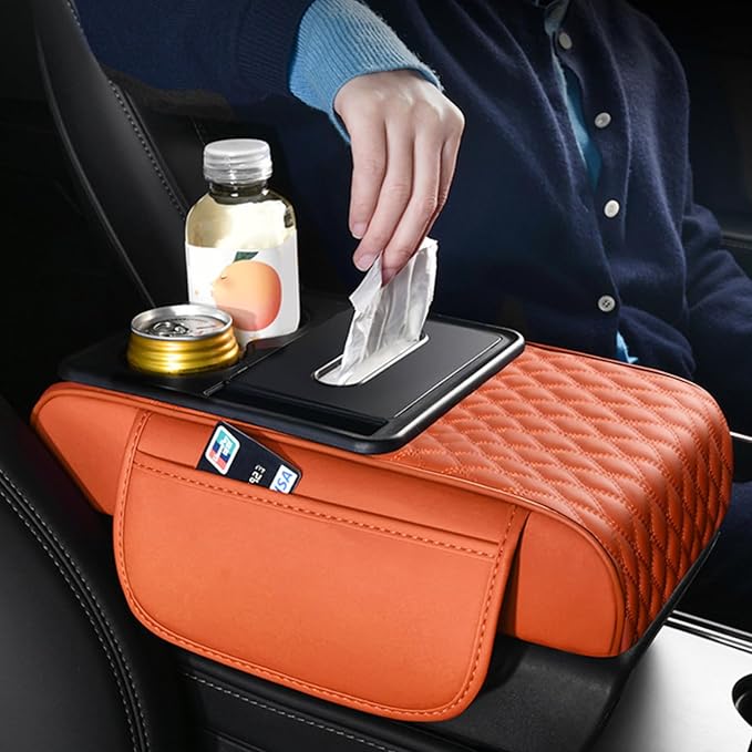 Car Center Console Armrest Pad, Arm Rest Box Cushion with Ergonomic Height Boost, Storage Pockets, Built-in Tissue Box, Cupholder, Fit for Most Sedan Vehicles (Embroidery Water Ripple, Beige)