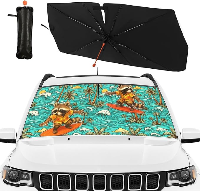 DOPINDU Hawaiian Raccoon Car Windshield Sun Shade Umbrella Bendable Handle Foldable Funny Sunshade for Car Windshield Block UV Rays Keep Vehicle Cool for Most Sedans SUV Trucks Cars 57"x30"