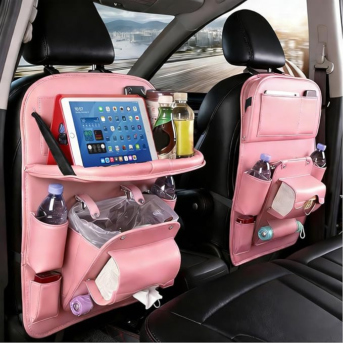 Car Seat Organizer, Multifunctional Backseat Protector Mat, Storage Bag and Tray Rack, Trash Storage (Suitable for Cars, Children, Back of Seats, and Rear Seats) (Pink, Leather 1-Piece Set)