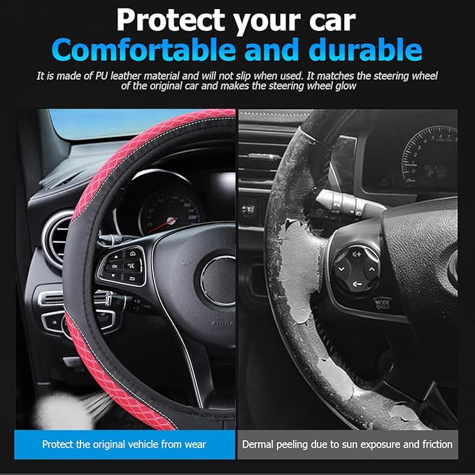 Elastic Car Steering Wheel Cover, 14.5-15 Inch Leather Non Slip Vehicle Steering Wheel Protecter Without Inner Ring, Auto Interior Protection Accessories, Universal Fit (Red)