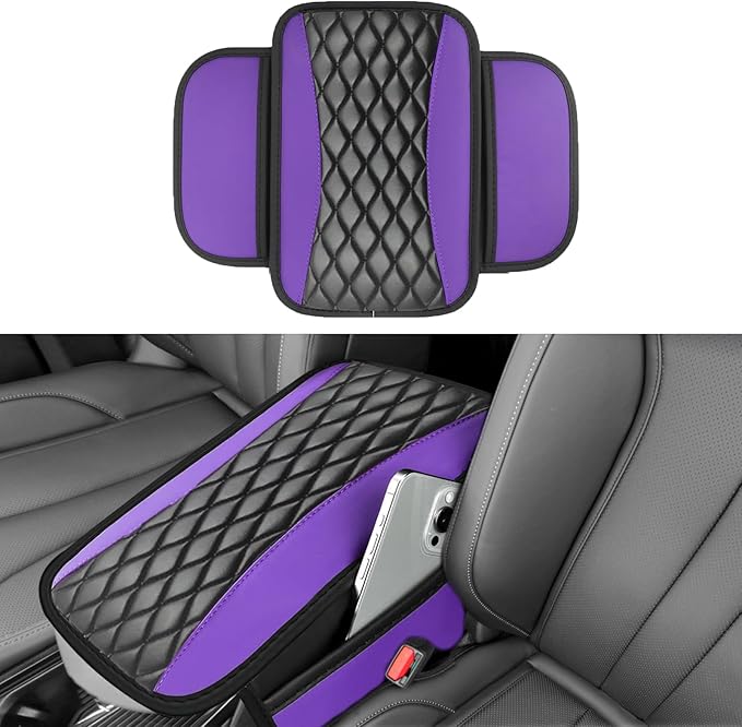 Leather Car Center Console Cover with Side Storage Pockets, Universal Leather Waterproof Armrest Pad Protector & Organizer for Cars, Vehicles, SUVs Interior Decor Stylish Car Decoration (Purple)