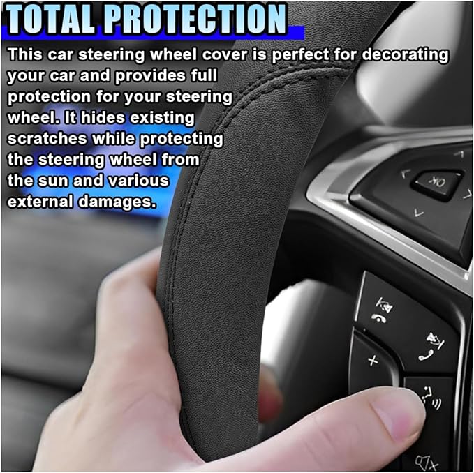 14.5"-15" Car Steering Wheel Cover, Microfiber Leather Breathable Wheel Cover, Anti-Slip Lining Steering Wheel Covers, Car Accessories Interior Decoration for Women Men (Black)