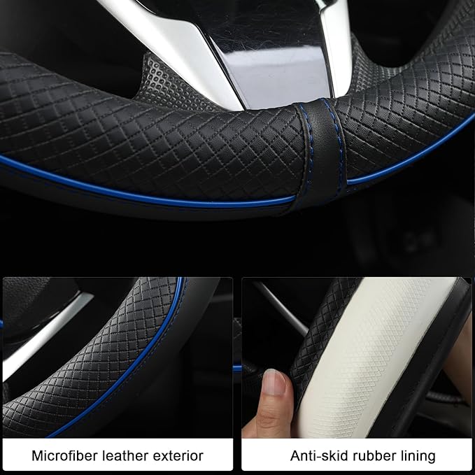 West Llama Microfiber Leather Car Steering Wheel Cover for Chevy Silverado,Tahoe,Equinox,Traverse,Trailblazer,Colorado (Black+Blue Line - Standard Size)