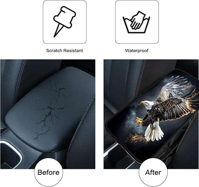 JANENFNA Car Armrest Cover Pads Universal Fashion Cute Auto Center Console Armrest Cover Pad with 2PCS Car Coasters Soft Waterproof Car Armrest Seat Protector for Women,Flaming Eagle