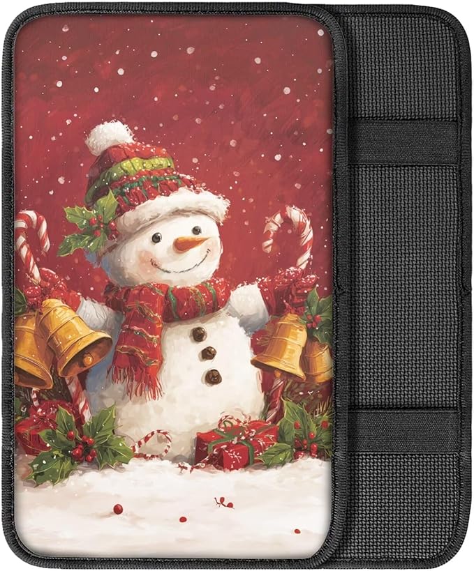 Horeset Christmas Snowman Bell Anti-Scratch Car Console Covers Auto Accessories, Non-Slip Arm Rest Cushion Protection Fit SUV Sedan Truck, Easy to Install