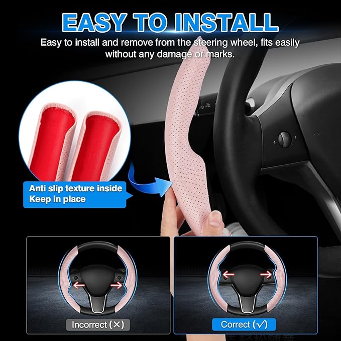 Shademax Custom-Fit for Tesla Steering Wheel Cover, Tesla Model Y / 3 2017-2025 (Fit Model Y Juniper 2026/ Model 3 Highland) Carbon Fiber Steering Wheel Cover for Tesla Model Y / 3 Accessories (Pink)