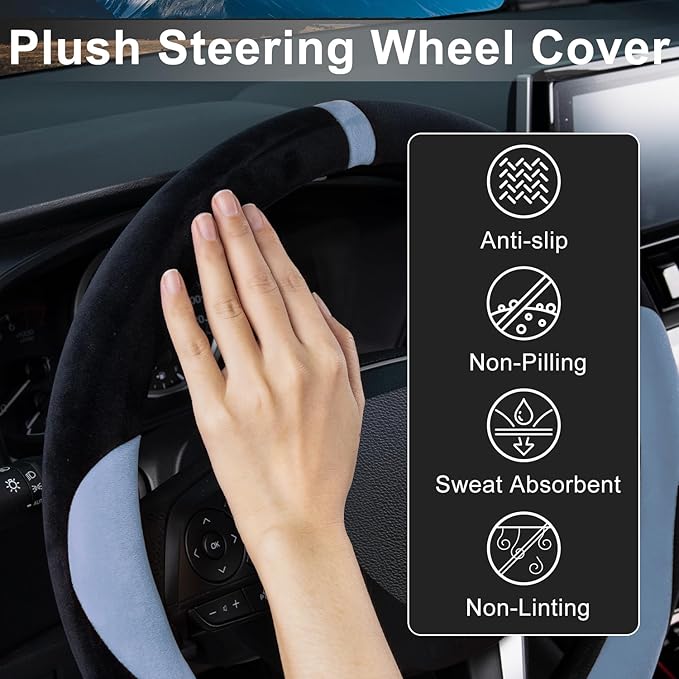 COFIT Plush Steering Wheel Cover Winter, Soft Warm Furry Grip Protector for Cars SUVs Trucks, Fits 14.5-15 Inch, Non-Slip Interior Accessory, Blue