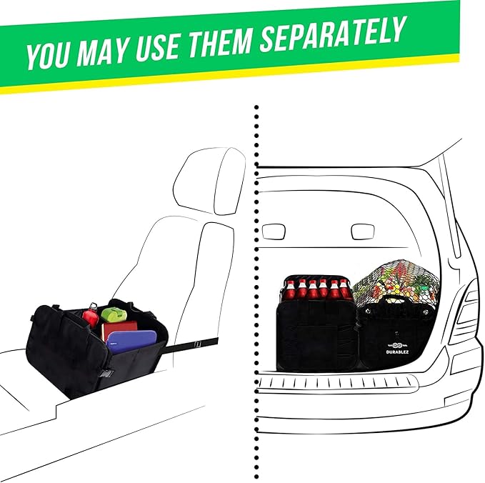 DURABLEZ Trunk Organizer 4-Section XL Modular Car Storage System – Extra Large Cargo Organizer for Car Trunk, Foldable Multi-Compartment Auto Organizer, Heavy Duty 1680D Oxford – Black
