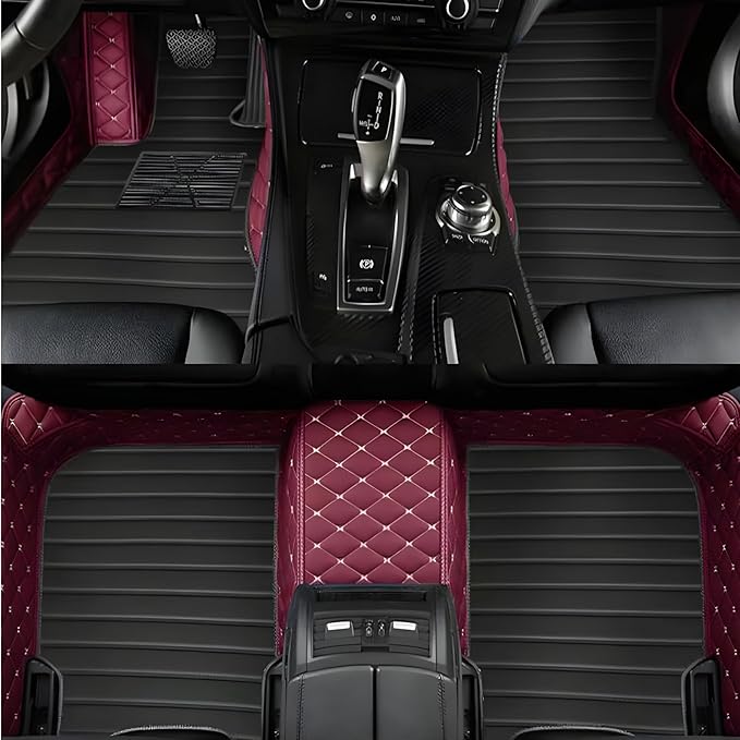 Custom Leather Car Mats, Vehicle-Specific Fit All-Weather Floor Mats, 100% Waterproof Anti-Slip Durable Protection for SUV Truck Sedan, Precision Tailored Protection(Wine red Black Stripes)