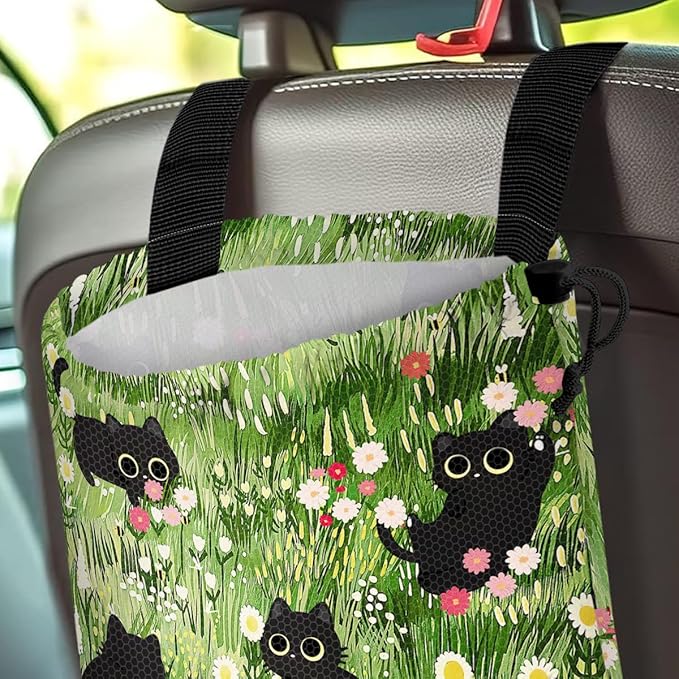 GEGEPINK Car Trash Bag Hanging Back of Seat Waterproof Small Cute Printed One-Handed Strap Drawstring Garbage Bags for Car-Black Cat Floral