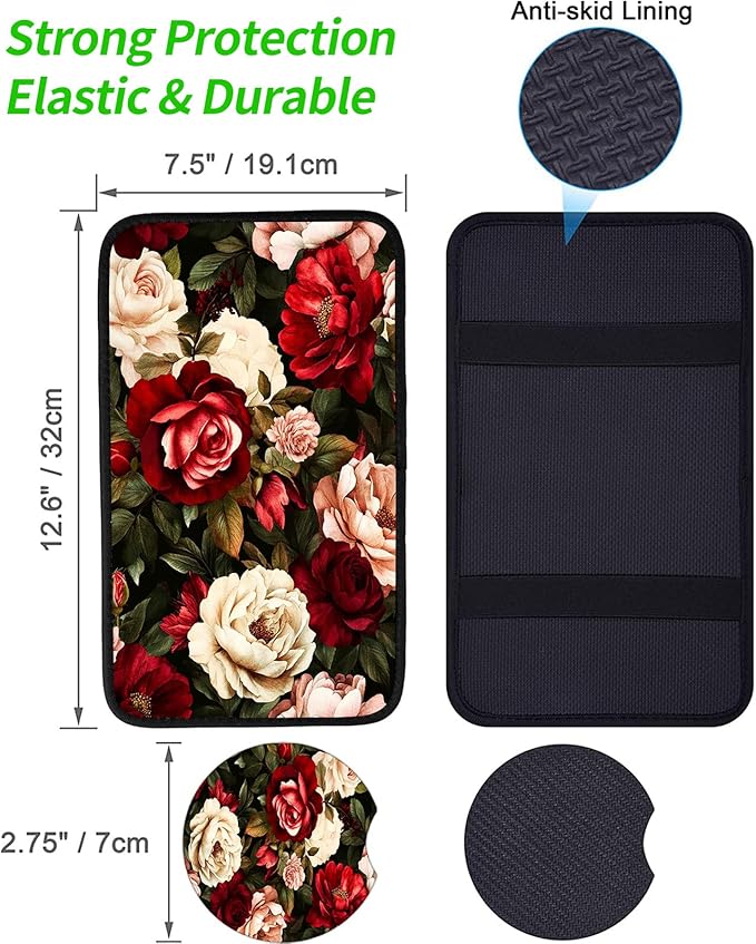JANENFNA Car Armrest Cover Pads Universal Fashion Cute Auto Center Console Armrest Cover Pad with 2PCS Car Coasters Soft Waterproof Car Armrest Seat Protector for Women,Beautiful Roses Flowers