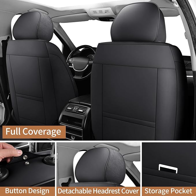 hoozoom Leather Car Seat Covers Full Set Breathable Automotive Seat Covers Waterproof Seat Protectors Universal Fit for Most Automotive Cars SUV Trucks(Black, Full Set)