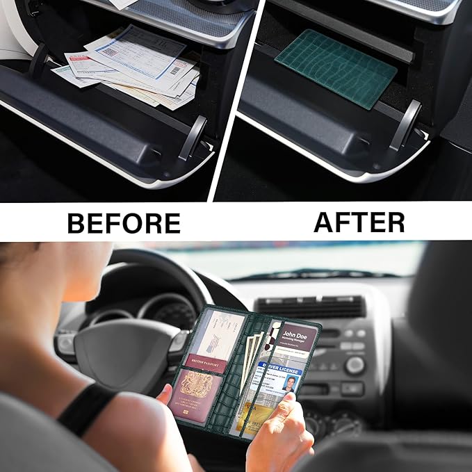 Car Registration and Insurance Holder, Teal Green Vehicle Glove Box Car Organizer with Magnetic Closure for Documents, Cards, License Car Organization, 1 Pack