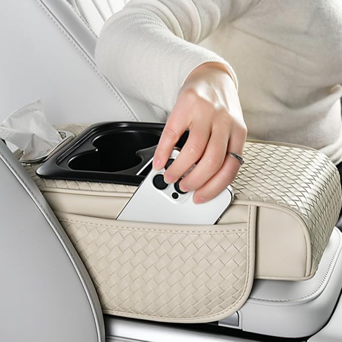 Car Armrest Cushion Cover Car Center Console Memory Foam Booster Pad with Storage Pocket and Tissue Hole for Sedan Vehicle (Cupholder - Beige, 13.39 * 7.68 * 2.95'' / 34 * 19.5 * 7.5cm)