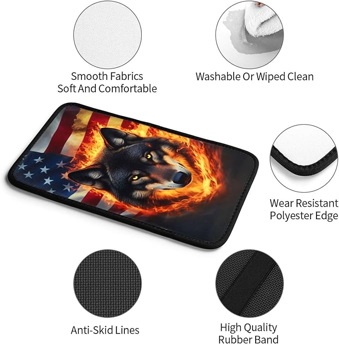 Universal Car Center Console Cushion Pad, American Flag Wolf Soft Waterproof Car Center Console Cover Auto Armrest Seat Box Cover Protector for Most Vehicle SUV Truck Car