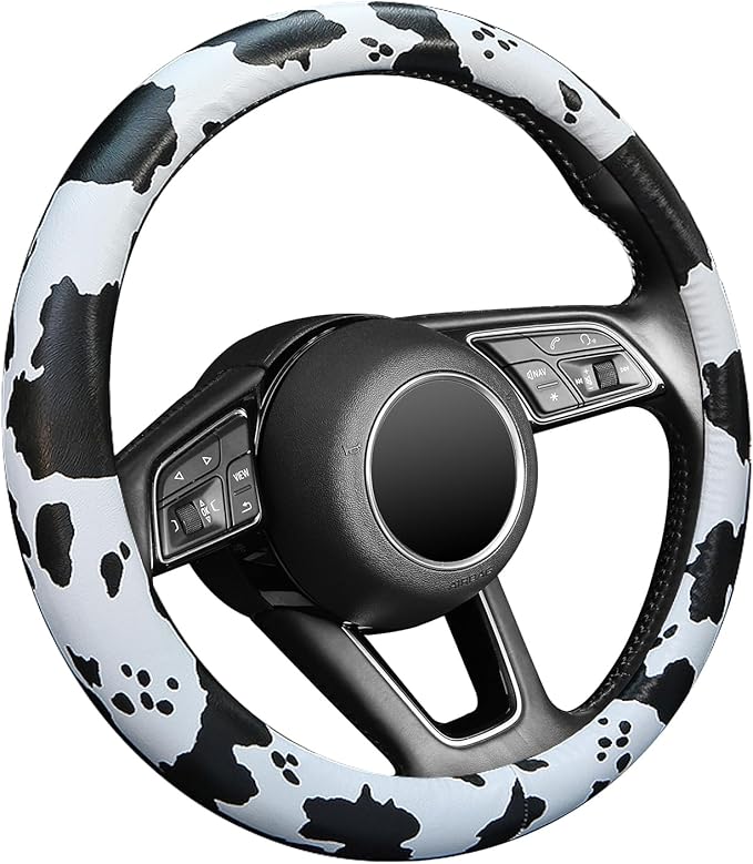 Cow Print Steering Wheel Cover, Universal 15 inch Breathable Microfiber Leather Car Steering Wheel Cover for Women Men, Anti-Slip, Black&White