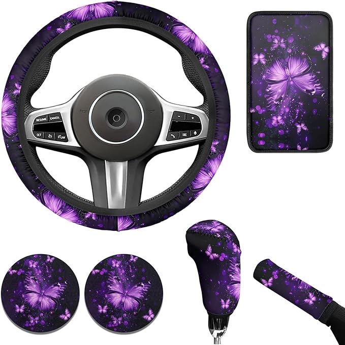 Purple Butterfly Car Decor Set for Women 6 PCS Steering Wheel Cover Cup Holder Handbrake Gear Cover Butterfly Print Car Accessories Set for SUV Truck Sedan