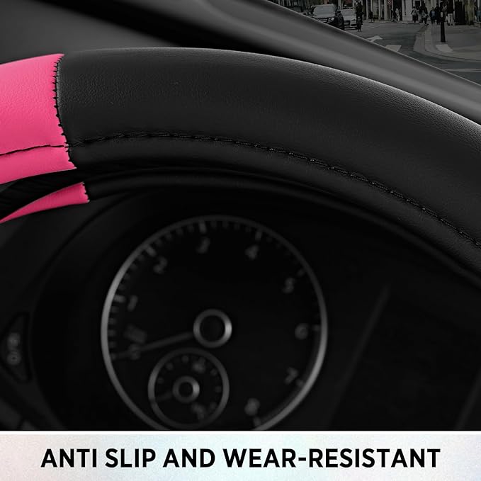 Road Comfort Leather Steering Wheel Cover – Premium Anti-Slip Car Steering Wheel Grip Cover – Universal Fit for 14.5”–15.5” Cars, Trucks & SUVs - Hotpink