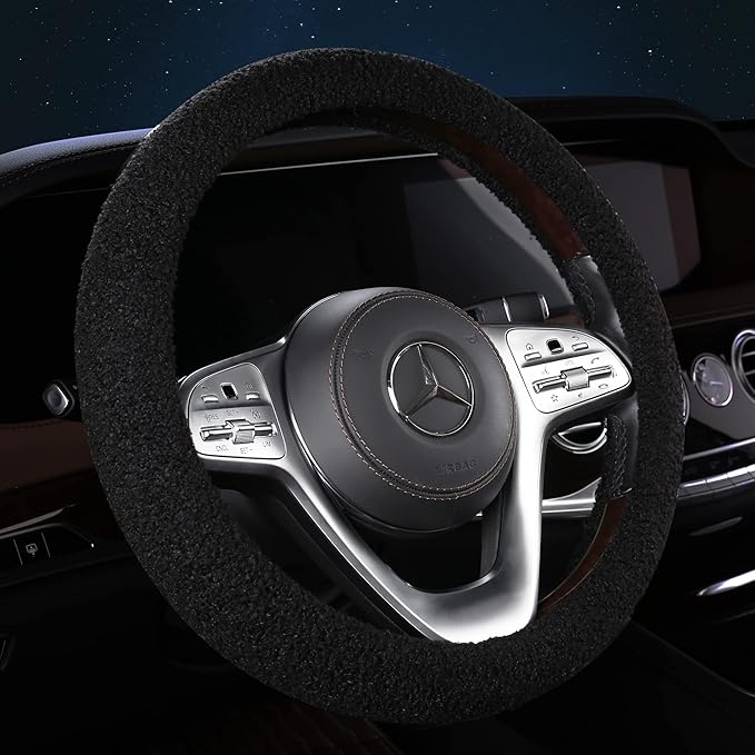 Furry Winter Car Steering Wheel Cover for Women, Soft Fleece Short Plush Warm Universal Auto Accessories for Vehicle, Sedan, Fuzzy, Anti Slip, Black, Standard Size, 14.75-15.15in