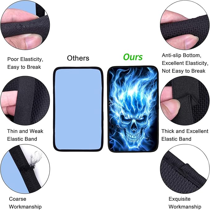 JANENFNA Car Armrest Cover Pads Universal Fashion Cute Auto Center Console Armrest Cover Pad with 2PCS Car Coasters Soft Waterproof Car Armrest Seat Protector for Women,Blue Flame Skull ABC