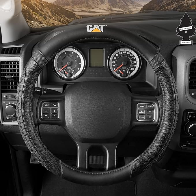 Caterpillar Car Steering Wheel Cover, Large 16 inch Size, Tire Tread Inspired Traction Grip Design, Black Steering Wheel Cover for Car Auto Truck Van SUV Bundle