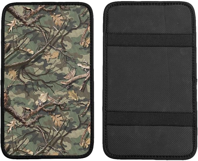 DORKEIXIA Camo Camouflage Green Hunting Army Military Forest Tree Leaf Auto Center Console Armrest Pad Universal Car Center Console Cover Seat Box Cover for Sedan, Van, SUV, Truck Car Accessorie
