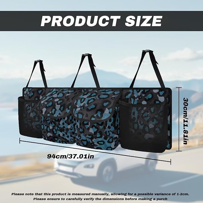 Blue Leopard Backseat Trunk Organizer Waterproof Hanging Car Storage Bag with 4 Pockets & Buckle Straps, Universal Fit Automotive Accessories for SUV Truck Van