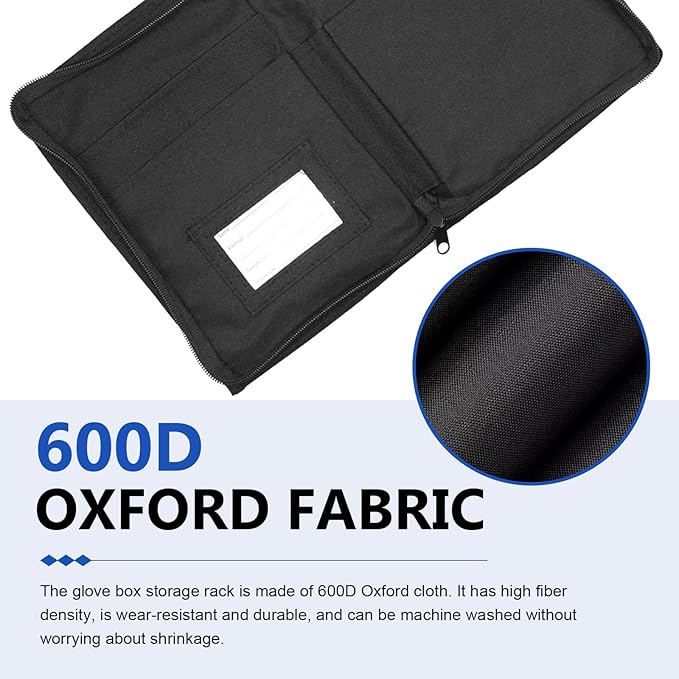 Glove Box Compartment Organizer, Car Registration and Insurance Holder, Oxford Cloth Multi-Pocket Portable Document Case with Smooth Zipper for Auto License Card (Black)