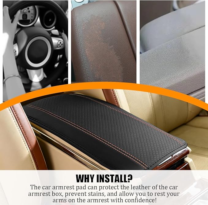 Car Center Console Cover, PU Leather Vehicle Armrest Seat Box Cover Protector, Comfortable Automotive Interior Arm Rest Cushion Pad Accessories, Universal for SUV Sedan Truck (Black/Orange)