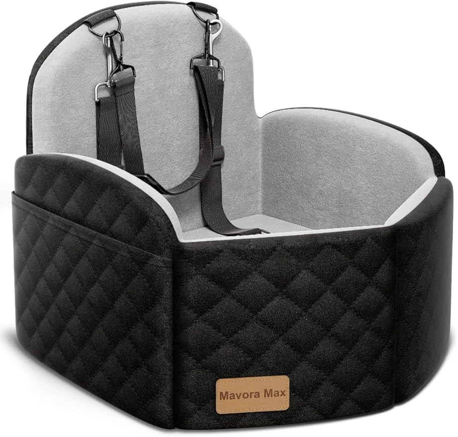 Mavora Max Dog Car Seat for Small/Medium Dogs, Elevated Dog Booster Seat Memory Foam Puppy Car Seat with Washable Cover, Travel Safety Pet Seat for Car with Storage Pockets Up to 35 lbs (Black/Grey)