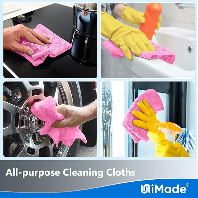 UNIMADE Microfiber Cleaning Cloth, 100 Sheets Microfiber Towels for Cars Commercial Grade Shop Towel Washcloths Lint-Free Bulk Cleaning Rags for Mechanic Restaurant Garage Housekeeping, 11"x 9", Pink