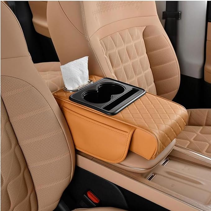 Car Armrest Cushion for Ford Focus I Sedan 1998-2001 2002 2003 2004 2005, Car Center Console Cover Armrest Pad with Cup Holder and Tissue Box, Car Accessories,Orange