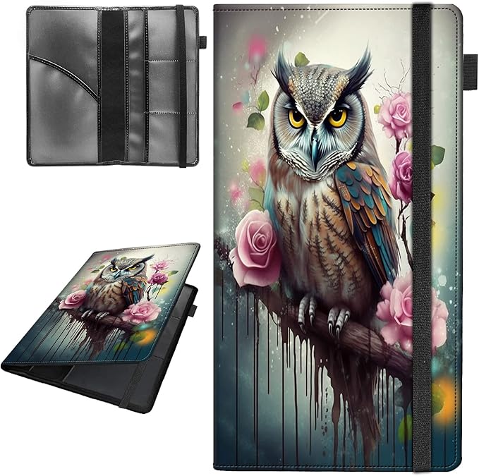 Car Registration and Insurance Holder,Leather Vehicle Glove Box Organizer Wallet for Document,Perfect for any Car,Truck,Motorcycle,Driver License,Trailer or Boat,Men & Women,Cute Owl Roses Flower