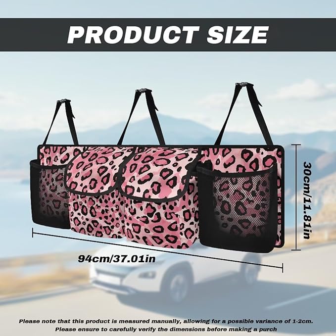 Pink Leopard Backseat Organizer Waterproof Trunk Organizers Hanging Interior Car Accessories ith 4 Pockets, Buckle Strapes Car Storage Bag for SUV Bus When Commuting