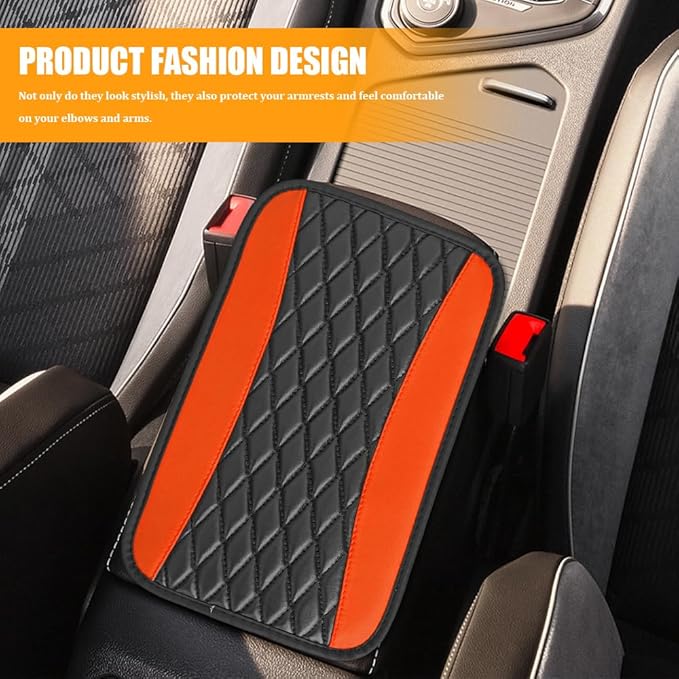 Car Center Console Cover, Leather Waterproof Armrest Seat Box Cushion Pad, Universal Decor Protector Mat, Comfortable Car Decor Accessories Fit for Most Cars, Vehicles, SUVs (Orange)