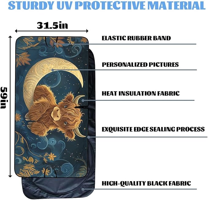 Cute Highland Cow Car Window Sun Shield Moon Flowers Night Sky Animals Front Window Sun Shade Blocks UV Rays Sun Visor Protector for Car Sedan Truck SUV Accessories 59" L x 31.5" W