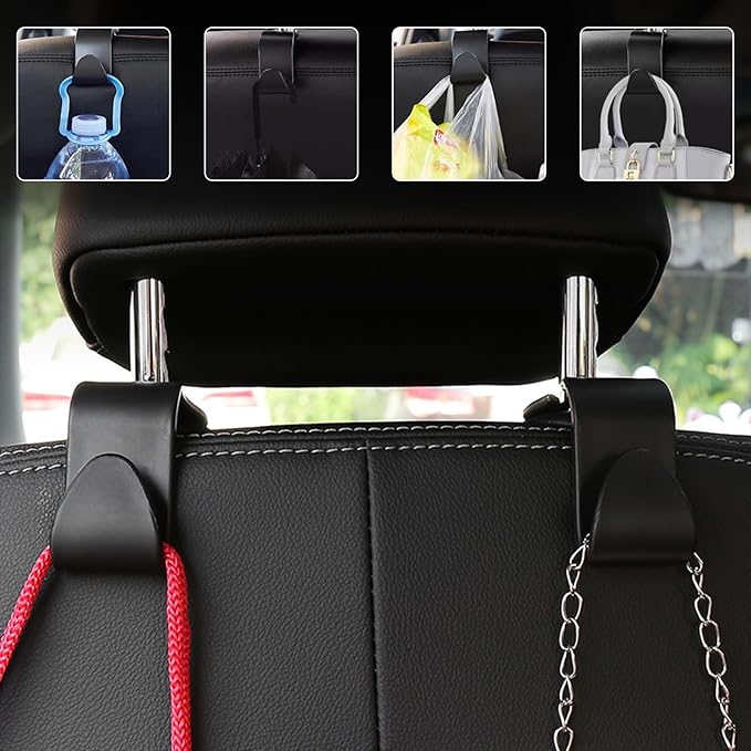 4 PCS Car Seat Headrest Hooks, Auto Seat Hook Hangers Storage Organizer, Back Seat Hanger for Car Handbag Clothes Coats Grocery Bags, Universal Interior Car Accessories (Black)
