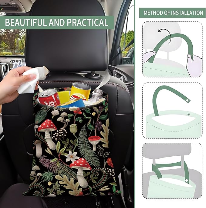 Cute Car Trash Can, Hanging Canvas Car Back Seat Organizer and Storage Bag, Funny Car Trash Bag for Travelling, Outdoor Cute Boho Mushroom