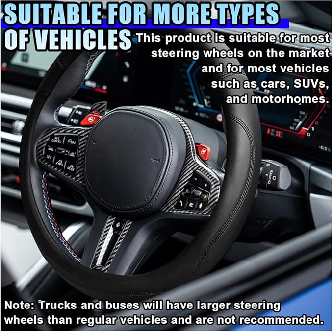 14.5"-15" Car Steering Wheel Cover, Microfiber Leather Breathable Wheel Cover, Anti-Slip Lining Steering Wheel Covers, Car Accessories Interior Decoration for Women Men (Black)