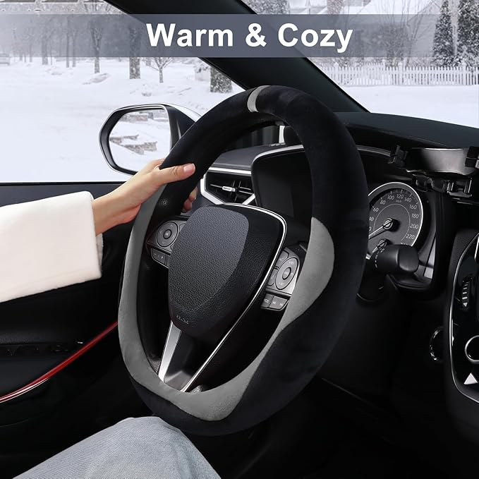 COFIT Plush Steering Wheel Cover Winter, Soft Warm Furry Grip Protector for Cars SUVs Trucks, Fits 14.5-15 Inch, Non-Slip Interior Accessory, Grey