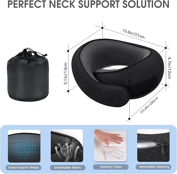 Dujuanus Neck Travel Pillows for Airplanes Memory Foam Neck Comfort Pillow Compact Ergonomic Design Sleeping Essentials for Long Flights Car Rides and Home Use (Black)