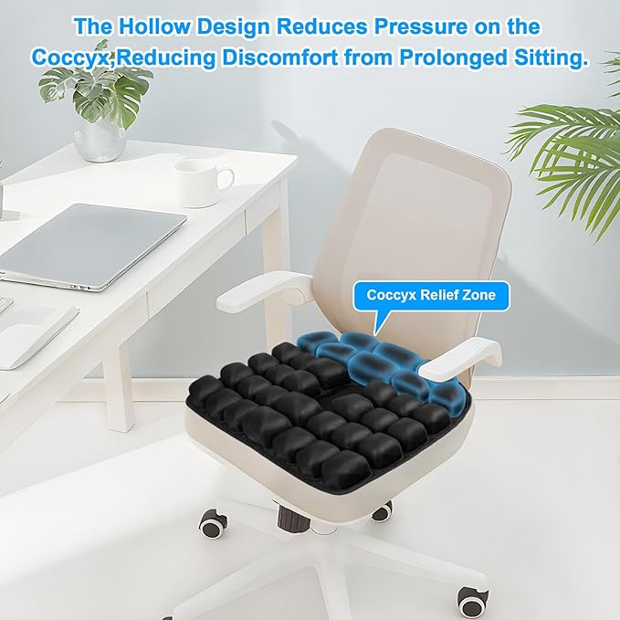 Travel Seat Cushion, Comfortable 3D Inflatable Seat Cushion for Hemorrhoid and Tailbone Pain Relief, Optimal Support for Long Sitting in Car, Air Travel, Office Chairs Etc (Black, 16" x18")