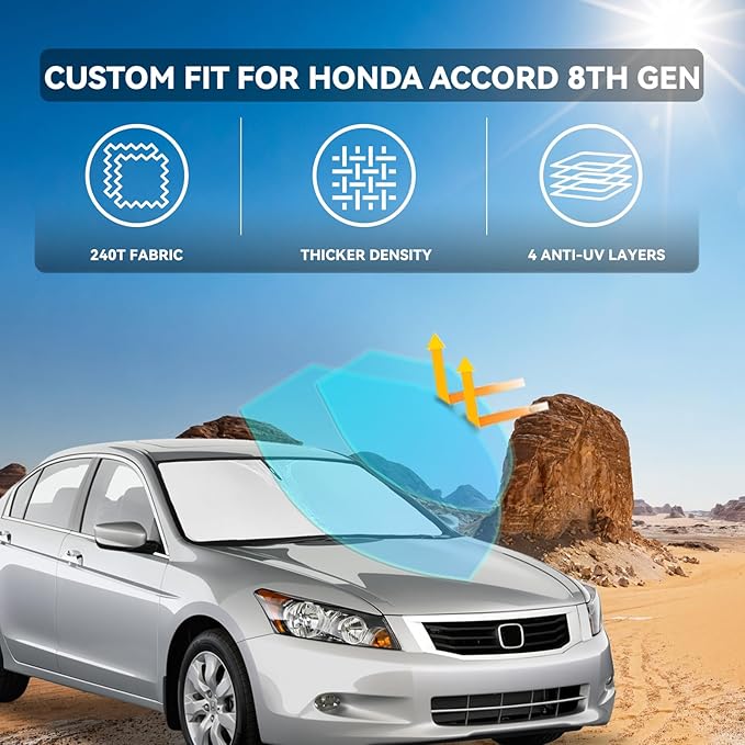 for Honda Accord 8th Gen 2008-2012 Windshield Sun Shade - 4 Layers Car Sunshades for Front Windows Shade Cover Custom Fit Accord 8th Gen Sun Visor 240T Retractable Shade Blocks UV Rays Car Accessories