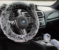 Fuzzy Steering Wheel Cover, Cute Fluffy Car Wheel Cover Women Bear Panda Ears 14.5" 15inch, Soft Warm Furry Plush Wool Fur Wheel Protector & Handbrake & Gear Shift Cover Set, Winter Warmer hands, Grey