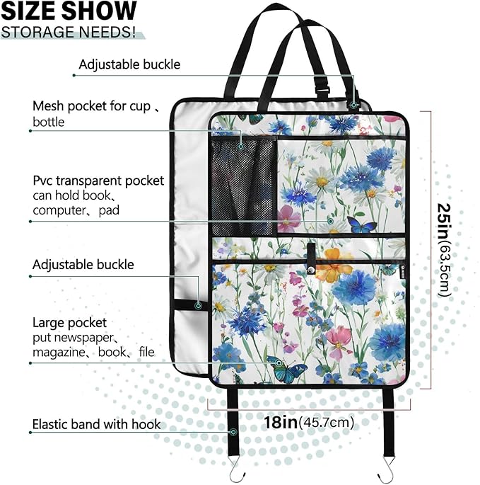 2 Pack Back Seat Car Organizer with Storage Pockets Kick Mats Back Seat Protector Hanging Car Organizer Automotive Seat Back Cover Organizers Watercolor Cornflower Daisy