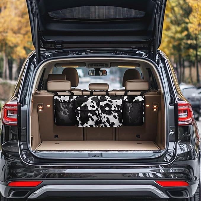 Car Trunk Organizer and Storage, Black Cow Print Car Organizer Keep the Car Clean and Tidy, Washable Car Organization Women Automotive Interior Accessories for SUV/MPV/Truck/Van/Sedan