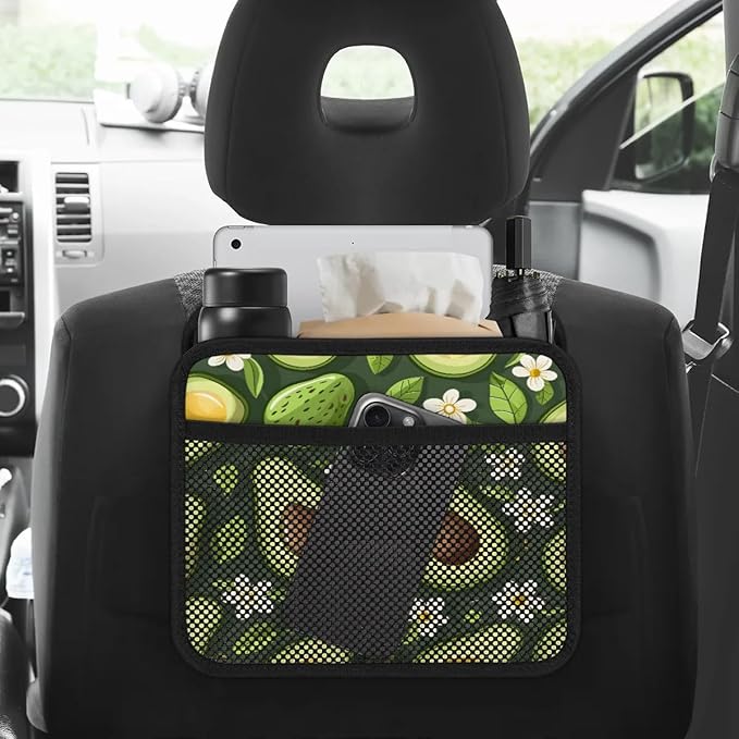Green Avocado Flower Car Backseat Organizer PU Leather Automotive Back Seat Storage Bag Universal Hanging Garbage Box Travel Accessories Foldable