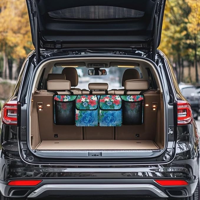 Car Trunk Organizer and Storage with Adjustable Straps, Backseat Hanging Organizer for SUV, Truck, MPV, Waterproof Cargo Storage Bag Car Interior Accessories for Women and Men, Sea Turtle Black
