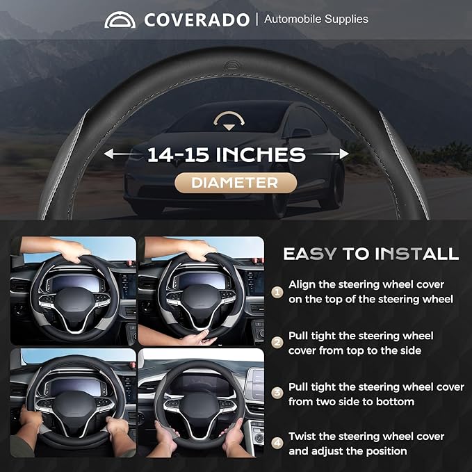Coverado Car Steering Wheel Cover, Nappa Leather Black & Gray Steering Wheel Covers, Universal 14-15 inch, Anti-Slip, Breathable Steering Wheel Protector for Women Men