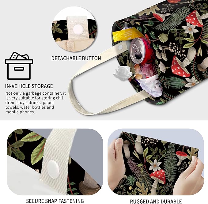 Cute Car Trash Can, Hanging Canvas Car Back Seat Organizer and Storage Bag, Funny Car Trash Bag for Travelling, Outdoor Cute Boho Mushroom